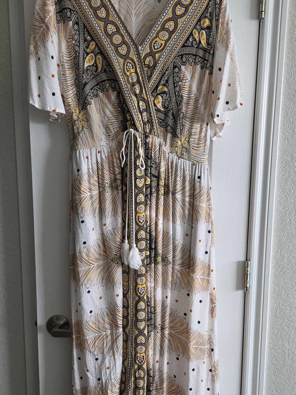 BloomChic Cream Maxi Dress with Mustard & Tan Pattern